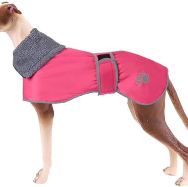 Geyecete Dog Winter Coat Geyecete Greyhound Raincoat Fabric with Lamb Velvet Inside Outdoor Dog Apparel with Adjustable Bands for Medium, Large Dog-Pink-M