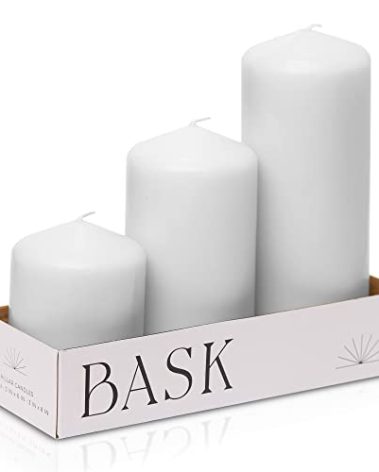 Bask Cone Top Pillar Candles - Elegant White Candles - Set of 3 White Pillar Candles - 3"x4", 3"x6", and 3" x8 - Smokeless and Dripless Decorative Candles for Home Decor and Relaxation