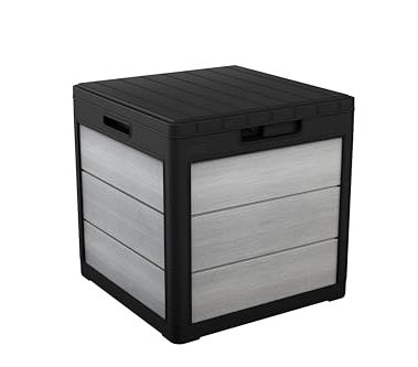 Keter Denali 30 Gallon Resin Outdoor Storage Box and Patio Furniture Side Table for Pool and Garden Accessories, Grey & Black