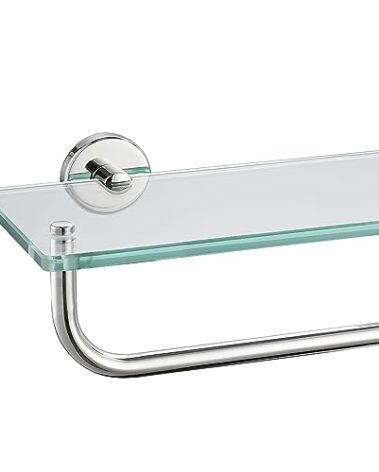 JQK Bathroom Glass Shelf Polished Chome, Shelf with 19 Inch Towel Bar Tempered Glass Shower Storage 20 by 5 inches, 304 Stainless Steel Silver Finish Wall Mount, TGS100L20-CH