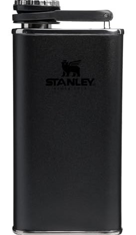 Stanley Classic Easy Fill Wide Mouth Flask 8 oz | Leakproof Hip Flask | Hinge Connected Never Lose Cap | Insulated Stainless Steel Liquor Container | BPA-Free | Black 2.0