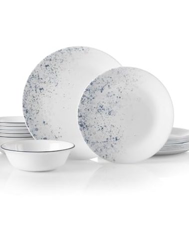 Corelle Vitrelle 18-Piece Service for 6 Dinnerware Set Triple Layer Glass and Chip Resistant, Lightweight Round Plates and Bowls Set, Indigo Speckle