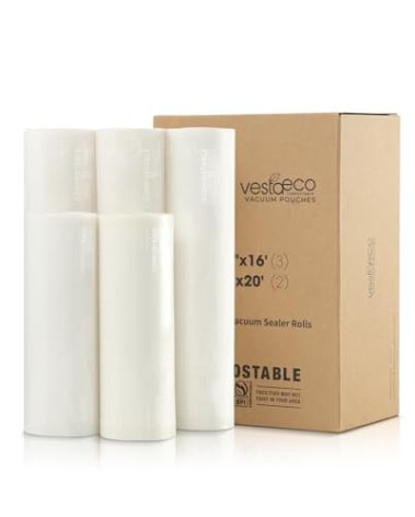 VestaEco Compostable Vacuum Sealer Bags, 5 Pack 2 Rolls 8" x 20' and 3 Rolls 11" x 16', Eco-Friendly, Heavy-Duty Food Storage Bags, BPA-Free, for Storage, Meal Prep or Sous Vide