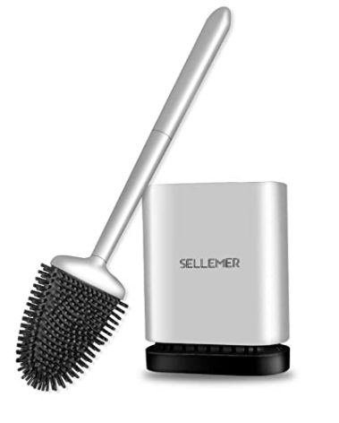 Sellemer Toilet Brush and Holder Set - Flexible Toilet Bowl Brush Head with Silicone Bristles, Compact Size for Storage and Organization, Ventilation Slots Base (1 Pack, Silver)