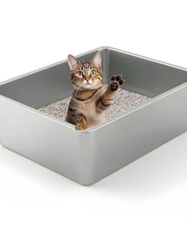 Kirecoo Stainless Steel Cat Litter Box - Metal High Sided Cat Pan, Large Stainless Steel Box, Indoor Litter Tray, Non Stick, No Smell, Easy to Clean, Pet Toilet Supplies for Kitten, Kitty, Rabbit