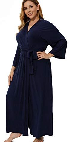 Women's Plus Size Cotton Kimono Robes Soft Long Knit Bathrobes Lightweight Sleepwear V-Neck Ladies Loungewear, Dark Blue 3X