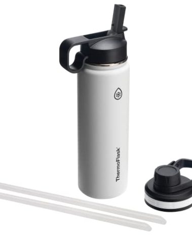 Thermoflask Double Stainless Steel Insulated Water Bottle with Two Lids, 24 Ounce, White