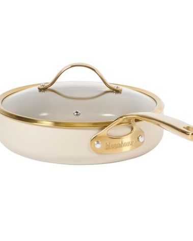 bloomhouse - Two Time Oprah's Favorite Things Winner - 10 Inch Heavy Duty Aluminum Premium PFA Free Ceramic Nonstick Saute/Deep Frying Pan Skillet with Lid - Almond Cream w/Gold Handle