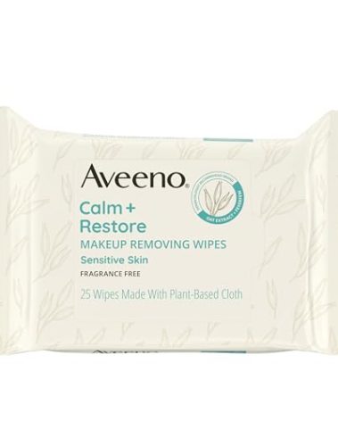 Aveeno Calm + Restore Unscented Makeup Remover Face Wipes, Fragrance Free Facial Cleansing Towelettes with Oat Extract & Calming Feverfew Leave Skin Feeling Soothed, Alcohol Free, 25 ct