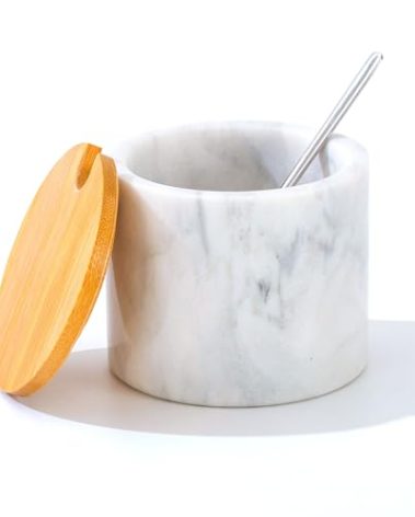 NHKRTE Marble Sugar Bowl with Lid & Spoon, Sugar Container 11oz,Sugar Dispenser Handcrafted from Natural Marble, Smooth Inside (light white grey)