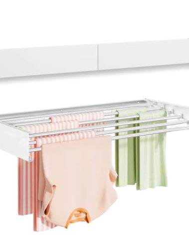 Vikaqi Wall Mounted Clothes Drying Rack 40 inches, Foldable Wall Mount Laundry Rack Folding Indoor, Drying Rack Clothing Collapsible, Hidden Space Saver with Wall Template, 6 Rods, White