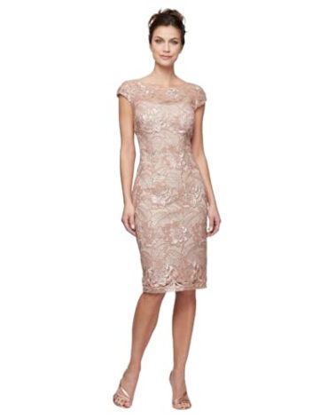 Alex Evenings Women's Short Floral Embroidered Cocktail Sheath Dress, Wedding Guest, Formal Gown (Petite and Regular Sizes), Rose Gold, 12
