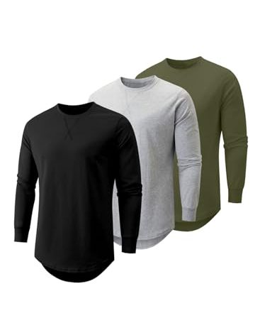 JMIERR Men's 3 Pack Cotton Hipster Hip Hop Longline Crewneck Long Sleeve T-Shirt, T Shirts for Men Pack, US 46(XL), B-Black/Light Grey/Army Green