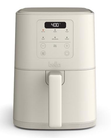 bella 4Qt Slim Air Fryer, Fits-anywhere™ Kitchenware, EverGood™ Ceramic Nonstick Coating, Adjustable Temperature, 6 Preset Cooking Options, 60 Min Auto Shutoff w Audible Tone, 3.3lb Capacity, Oatmilk