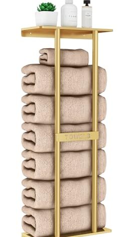STWWO Bathroom Towel Storage Rack for Bathroom, 30 inch Towel Racks Wall Mounted with Shelf Can Holds 6 Large Towels, Wall Towel Rack for Rolled Towels, Gold