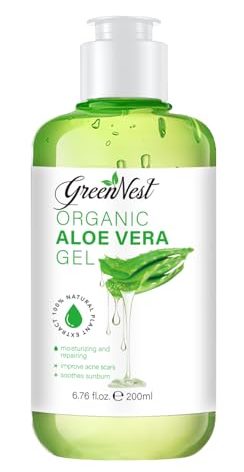 GreenNest Aloe Vera Gel for Face, Skin, Hair | 100% Organic aloe | Moisturizer, Hair gel, Aftershave | Paraben Free, Relief from Sunburn and burn, Calming, Soothing, Nourishing.