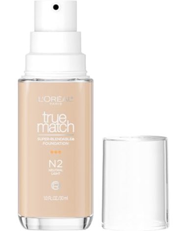 L'Oreal Paris True Match Super-Blendable Foundation, Medium Coverage Liquid Foundation Makeup, N2, Light, 1 Fl Oz