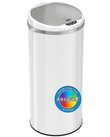 iTouchless 13 Gallon Touchless Sensor Trash Can with Odor Filter System, Round White Steel Garbage Bin, for Home, Kitchen, Pale White 13 Gal