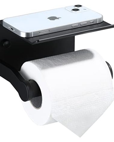 Toilet Paper Holder with Phone Shelf, Self Adhesive Aluminum Tissue Roll Dispenser for Mega Roll, Wall Mounted Toilet Paper Roll Holder for Bathroom, Matte Black