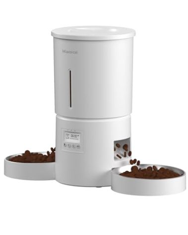 Dual Automatic Cat Feeder 2 Cats,6 Meals/Day,12 Portions/Meal,4.2L Dual Power Double Bowls Feeder,Dry Food Auto Pet Dispenser,10S Voice Record,Flexible Schedule Timer(White,Stainless Dual Bowls)