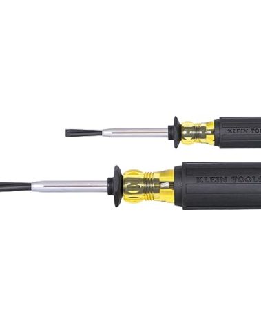 Klein Tools 85153K Slotted Screw-Holding Screwdriver Set, 3/16-Inch, 1/4-Inch Split-Blade Flat Head Driver, Positive Gripping Action, 2-Piece