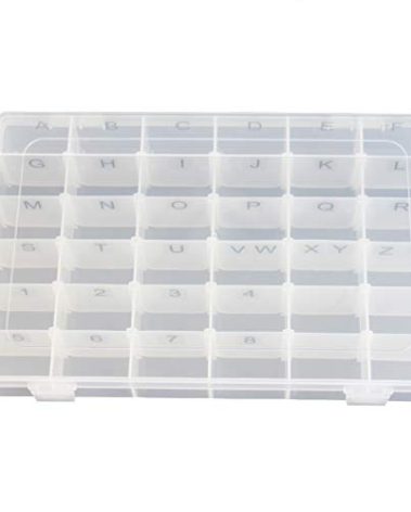 Plastic Organizer Container Box Letter Storage Case Adjustable Dividers 36 compartments for Letter Board Letters with Stickers Pre Applied to Dividers (LETTER LABELS PRE APPLIED)