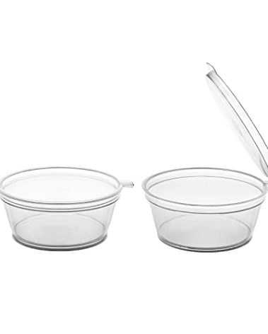 Party Essentials Leak Proof Plastic Condiment Souffle Containers with Attached Airtight Portion Cup with Hinged Lid for Sauces, Samples, Slime, Jello Shot, Storage, Craft, 100 Sets, 2 oz, Clear