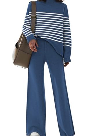 AOHITE Womens 2 Piece Outfit Sets Knit Pullover Sweater Top and Wide Leg Pants Lounge Sweatsuit Tracksuit Blue Stripe Small