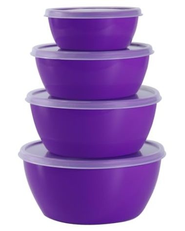 SCWBOEII 4-Piece Classic Plastic Prep Bowls with Lids, Nesting Plastic Small Mixing Bowl Set for Mixing, Baking, Prepping, Cooking and Serving Food, Microwave and Dishwasher Safe (Purple)