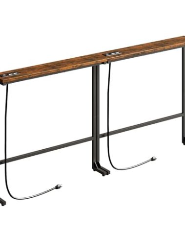 HavenlyYouth 63 Inch Narrow Console Table with 2 Power Outlets, Behind Couch Table with Charging Station, Small Space Sofa Behind Table for Living Room, Entryway, Hallway, Rustic Brown