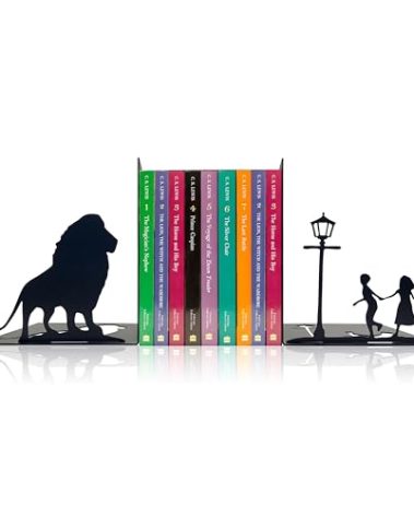Lion & Lamp Post Decorative Bookends – Magical Themed Book Ends for Shelves, for Narnia Fans & Literary Decor Lovers