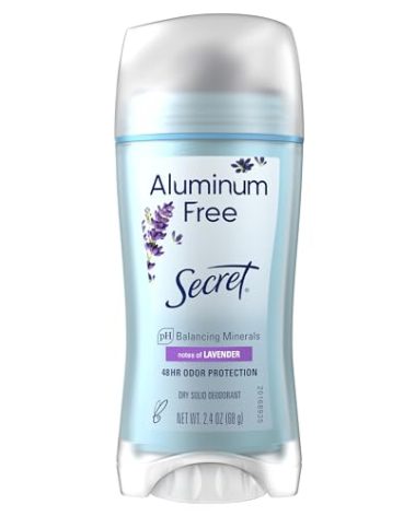Secret Aluminum Free Deodorant for Women, 48hr Odor Protection, Naturally Derived Ingredients, Free of Parabens Dyes Talc & Baking Soda, PH Balanced, Dry Solid, Lavender Scent, 2.4 oz