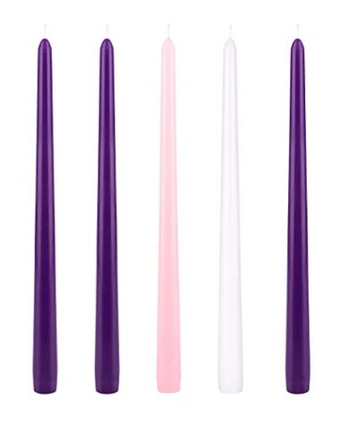 Mega Candles 5 pcs Unscented Christmas Advent Candles Set, Hand Poured Premium Wax Taper Candle 12 Inch x 7/8 Inch, Holidays, Occasions, Events, Festivitiess, Devotional, Church, Wreath, Party, Gifts