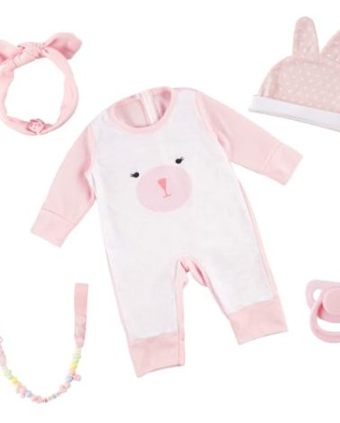 BABESIDE 5 Pcs Reborn Baby Doll Accessories, Pink and White Bunny Clothes Set with Pacifier for 17-22 Inch Reborn Dolls (Dolls Not Included)