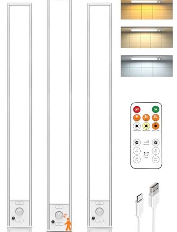 16in Under Cabinet Lighting with Remote, 160 LED Motion Sensor Light Indoor, 4000mAh USB Rechargeable Closet Lights Wireless, 3 Color Temps Under Counter Lights for Kitchen, Pantry, Stair, 3 Pack