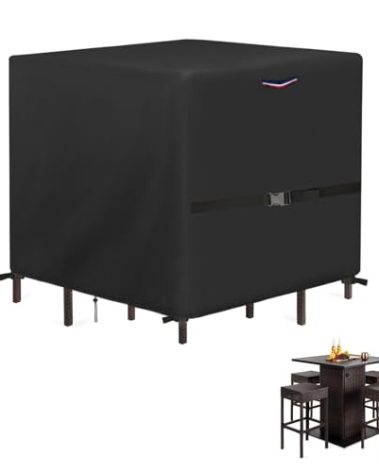 Loenel Outdoor Wicker Table Set Cover, Waterproof Cover for 5 Piece Square Patio Bar Height Table & Chair Sets, Heavy Duty Outdoor Bar Tables and Stools Sets Covers - 60"L x 60"W x 38"H