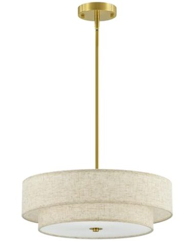 VONLUCE Modern Chandeliers, 18" Drum Chandeliers with 2-Layer Fabric Shade, 4-Light Pendant Light Fixture with E26 Bases, Light Fixture for Dining Room Bedroom Living Room, Linen Shade & Brass Finish