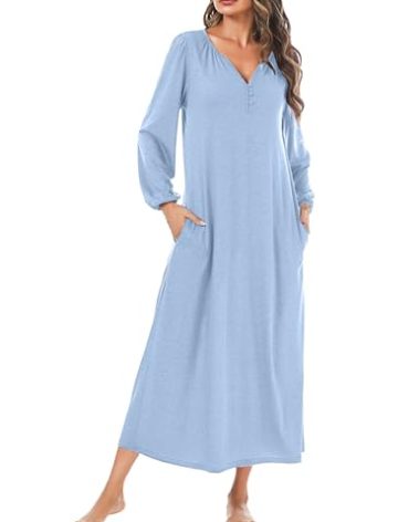 Marvmys Womens Long Sleeve Sleepshirt Cotton Long Nightgown Henley House Dress Light Blue