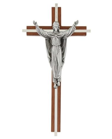 Christian Brands Crucifixes - Wooden Risen Christ Hanging Wall Cross with Extended Nickel Inlay, 10" H, Walnut Finish