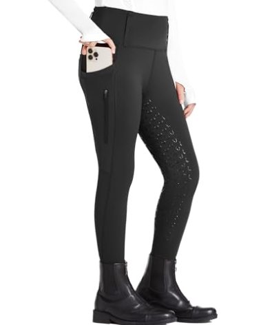 FitsT4 Sports Girls Riding Pants Full Seat High Waist Kids Equestrian Breeches Horse Schooling Tights Zipper Pockets Black Size M