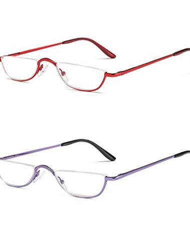 KoKoBin Half Reading Glasses - 2 Pairs Half Rim Metal Frame Glasses Spring Hinge Readers with Leather Pouch for Men and Women (Red+Purple, 3.00)