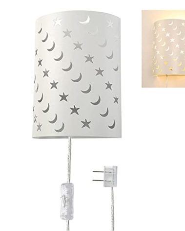 Plug In Wall Sconce Stars and Moons Kids Wall Lamp, Nursery Baby Room Wall Light with 6FT Plug in Cord On/Off Switch, Ideal for Kids Rooms, Bedroom and Play Rooms, E26 Base, White(Exclude Bulb)