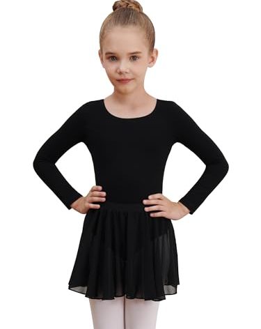 WEGETIT Long Sleeve Girls Leotard Gymnastics Leotards for Girls Ballet Dance Dresses with Skirt (Black,10-12 Years)