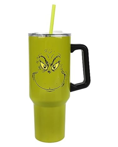 Bioworld Grinch Grinning Face 40 Oz Green Stainless Steel Tumbler With Handle