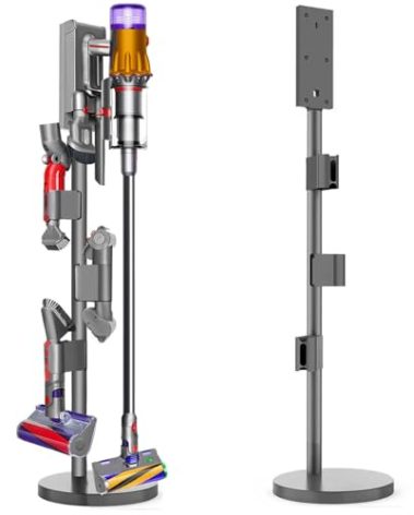 Lasvea Vacuum Stand for Dyson V15 Detect, V12,V11,V10,V8, V7-Sturdy Aluminum Tube Storage Holder, 6.2 Lbs Steel Base,3 Accessory Clips for Up to 9 Attachments & Charger, with Trigger Lock.