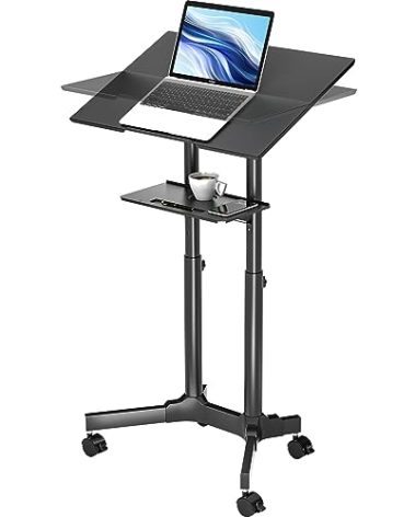 1home BONTEC Lecterns & Podiums Portable Mobile Standing Laptop Desk, Sit Stand, Height Adjustable Home Office Classroom Pulpit Stand Up Desk Workstation, Rolling Table Laptop Cart with Storage Tray