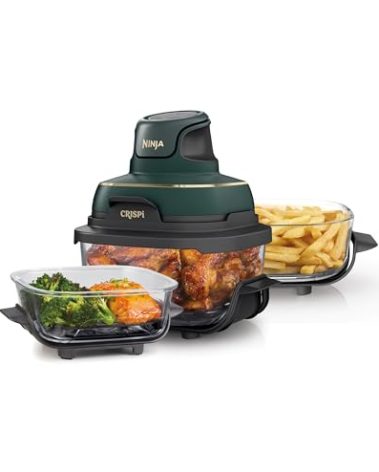 Ninja Crispi 5-in-1 Portable Glass Air Fryer, 4-QT, 2.5-QT & 6-Cup Glass Containers with Crisper Plates & Storage Lids, Microwave, Freezer & Dishwasher Safe, British Racing Green, FN103BF