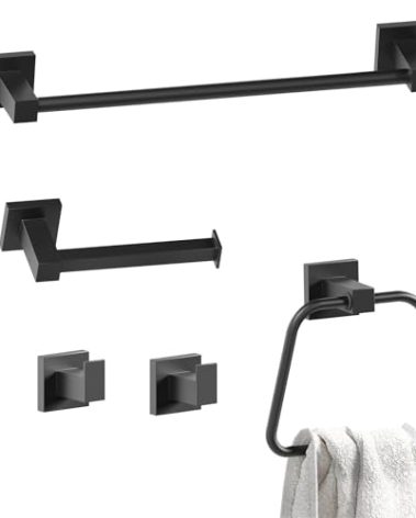 Bathroom Accessories Towel Bar Set: 5 Pieces Matte Black Bathroom Hardware Square SUS304 Stainless Steel - Wall Mounted Towel Rack&Toilet Paper Holder&Towel Ring and Towel Hooks.