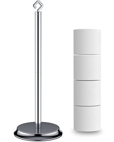 KASUNTO Toilet Paper Holder for Bathroom, Metal Free Standing Toilet Paper Storage with Rustproof, Tissue Paper Roll Stand for Bathroom Accessories (Poilshed Chrome)