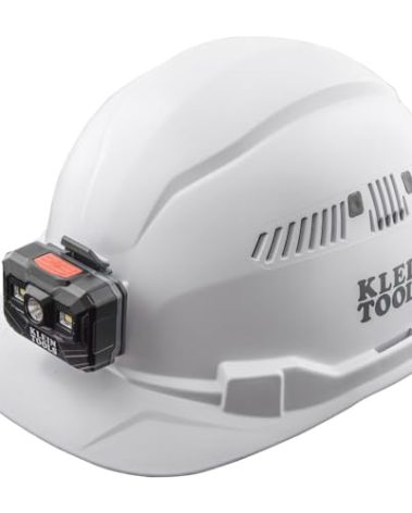 Klein Tools 60113RL Hard Hat, Rechargeable Headlamp, Vented, Cap Style, Padded Self-Wicking Odor-Resistant Sweatband, White